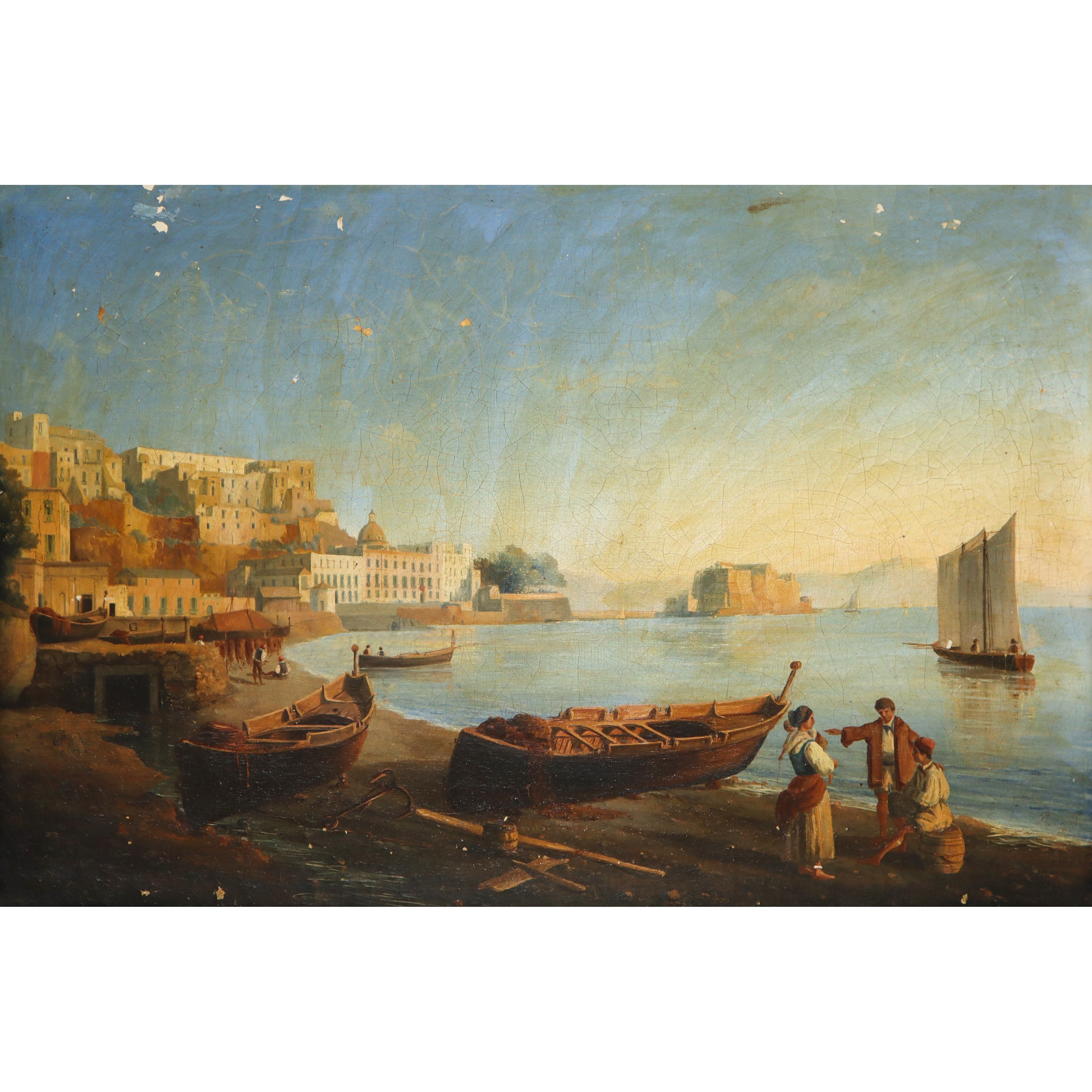 Marina di Napoli con Castello, Barche e Personaggi