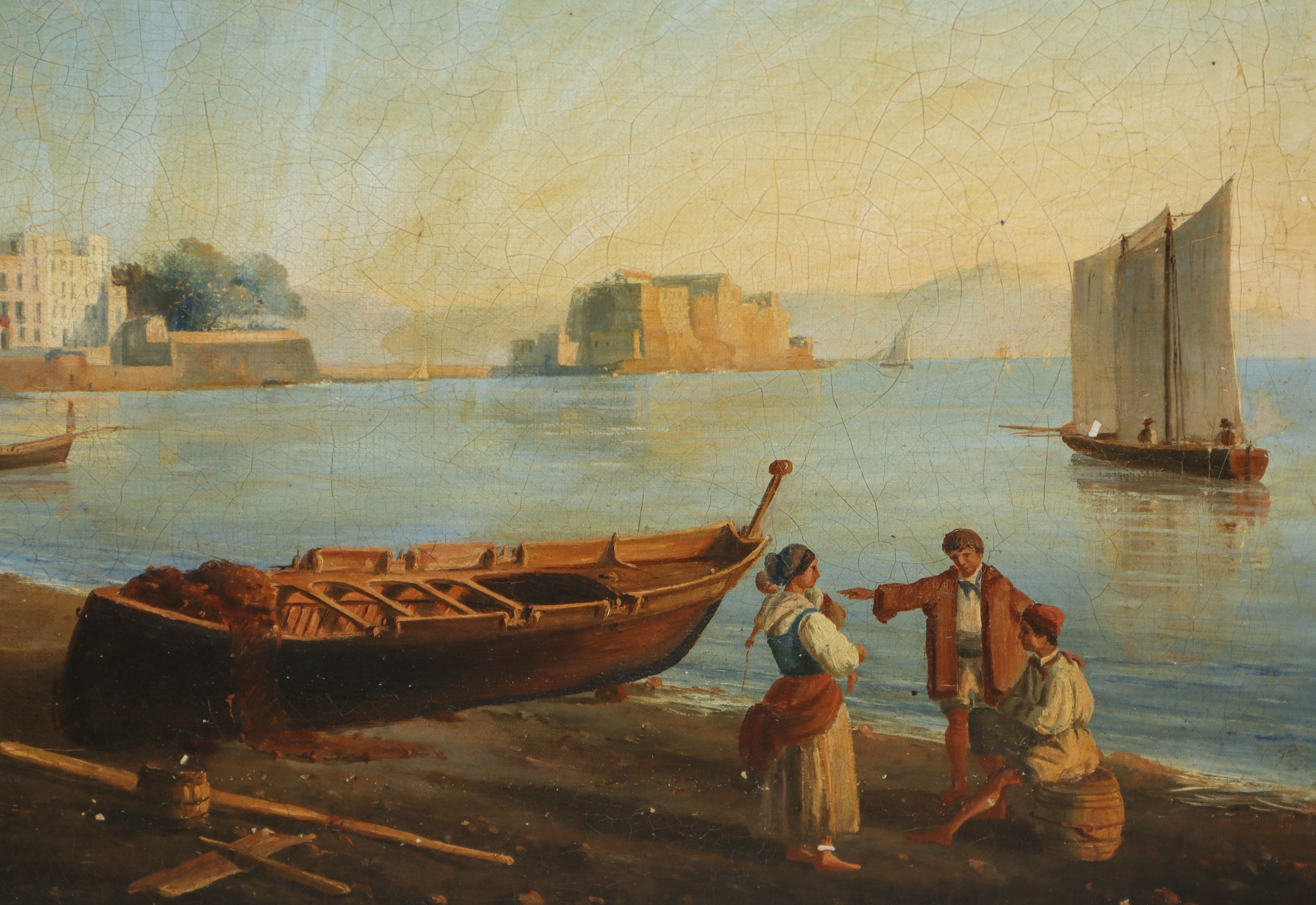 Marina di Napoli con castello, barche e personaggi