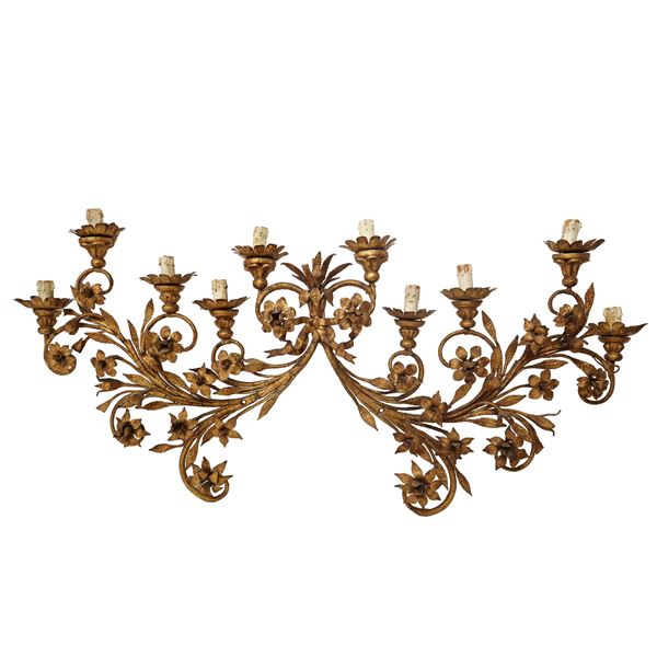 10-light appliques in golden metal with flowers and leaves