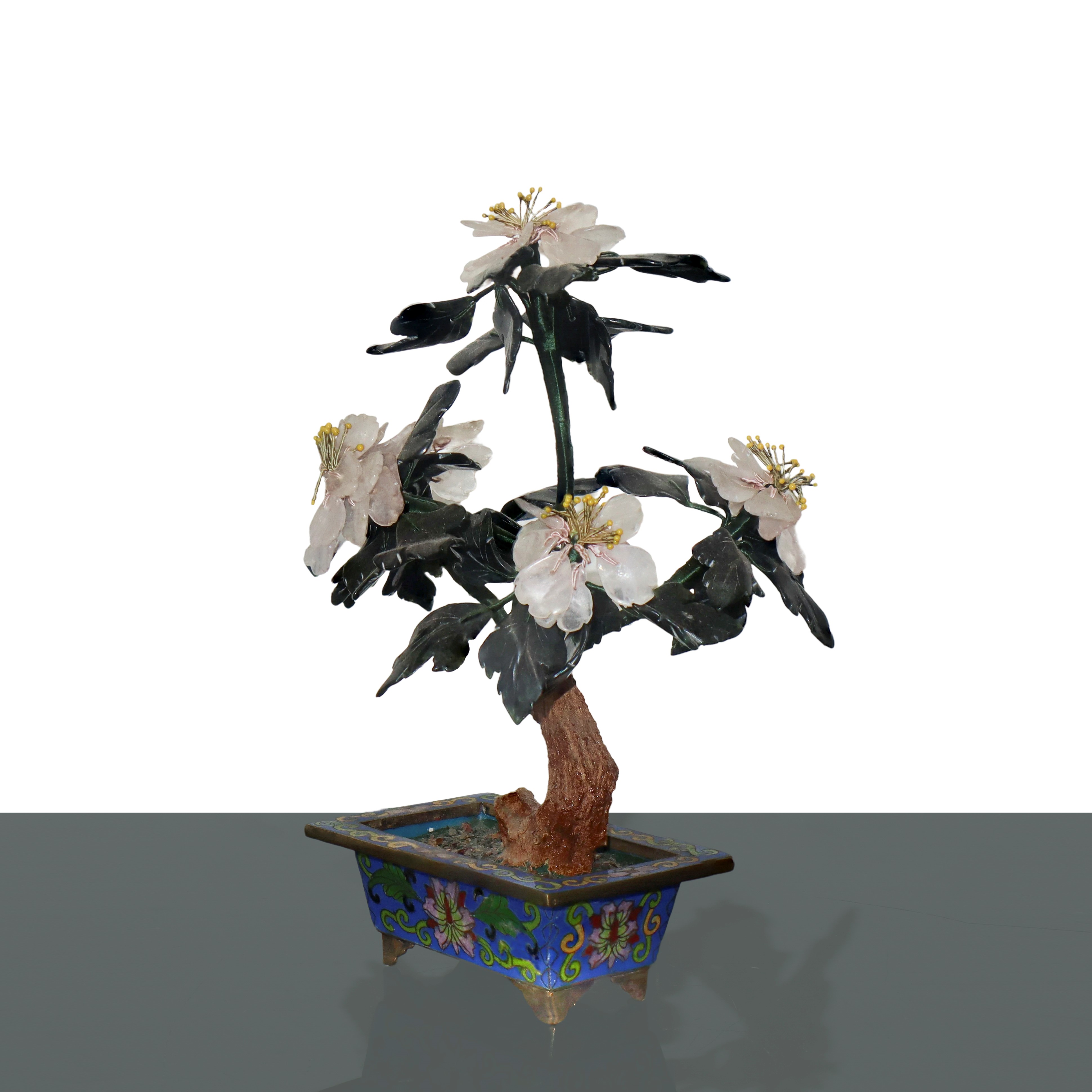 Vasetto Cloisonne con Albero con Quarzo Rosa e Giada
