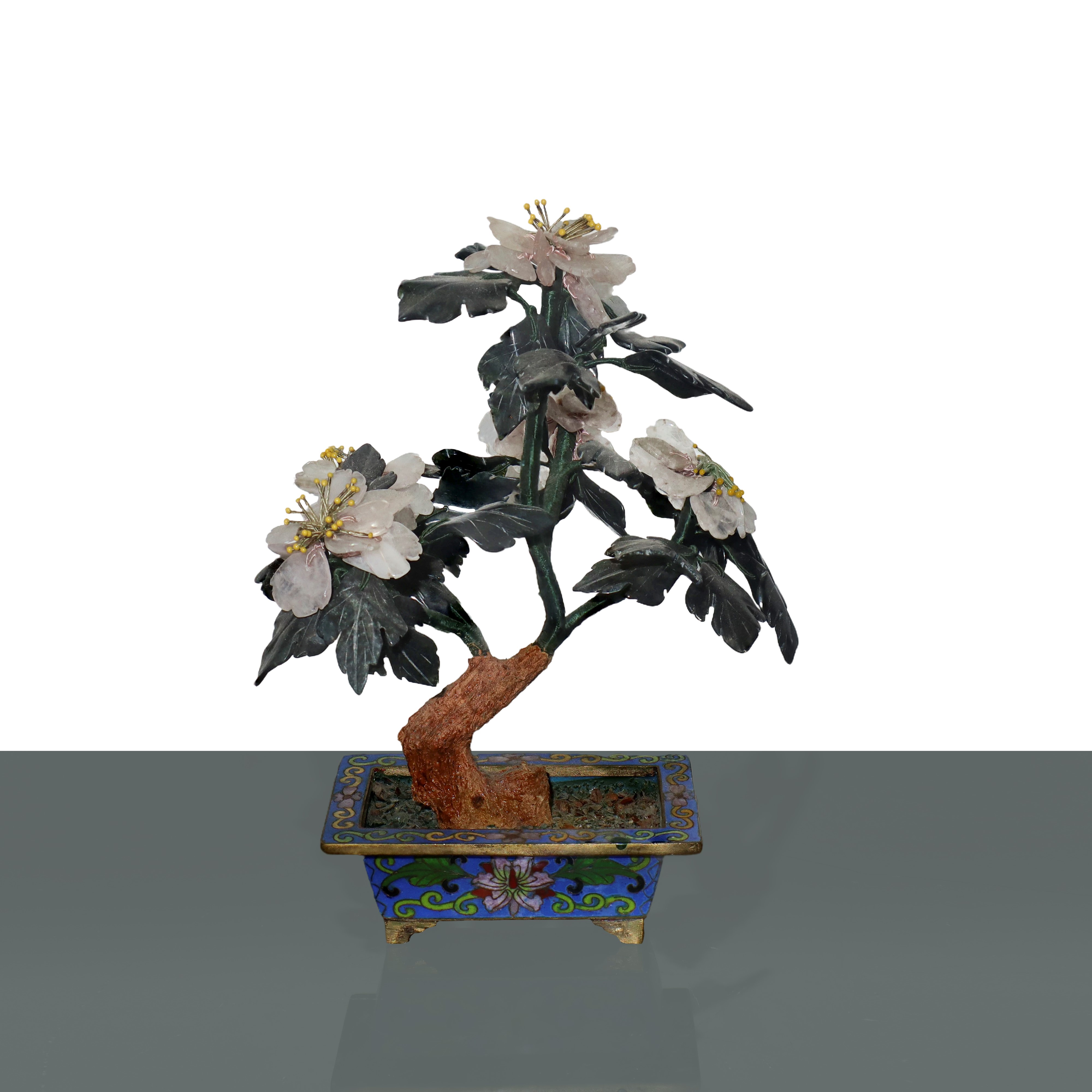 Vasetto Cloisonne con Albero con Quarzo Rosa e Giada