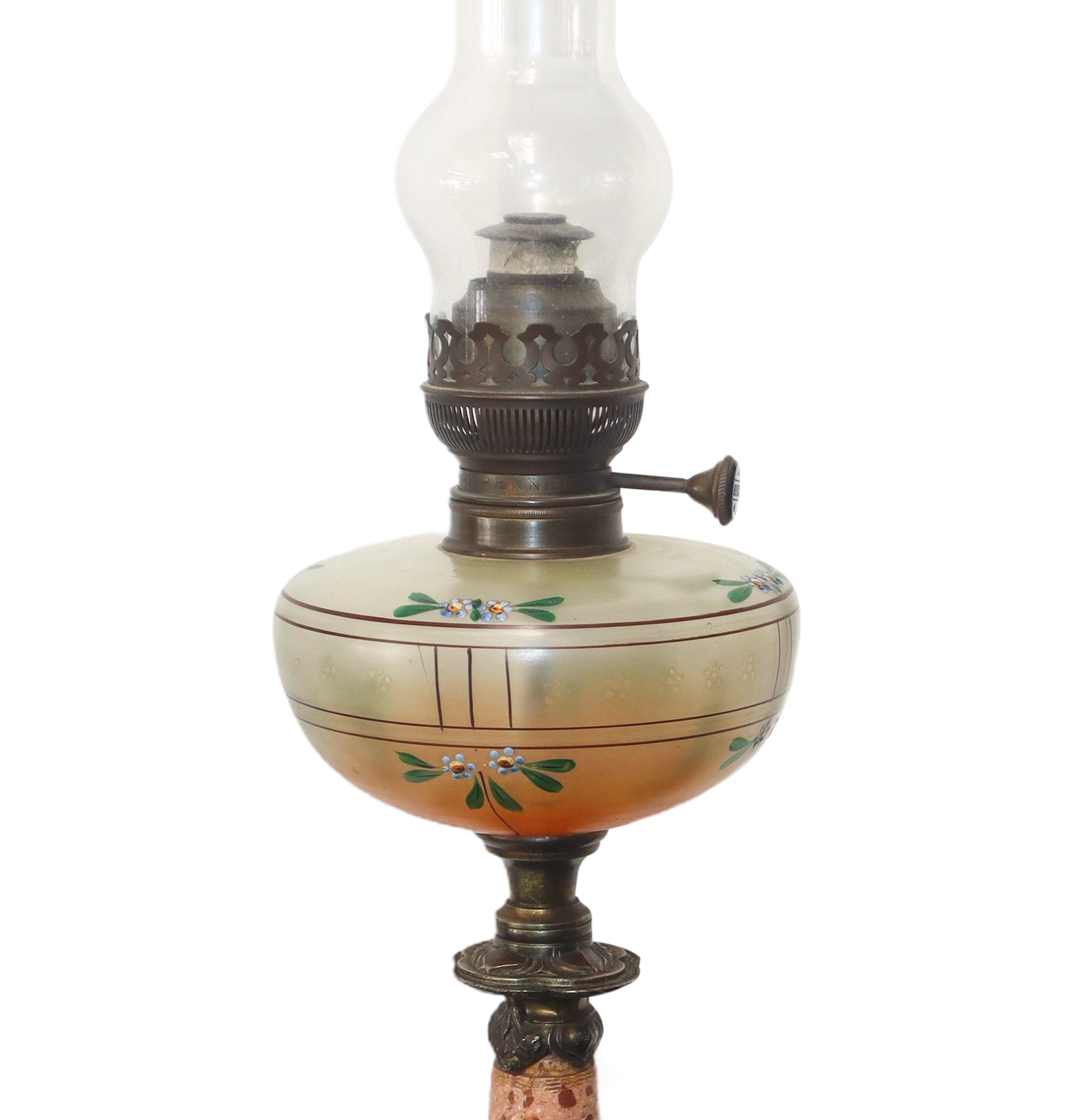 Lume a petrolio con base in metallo e sostegno in marmo