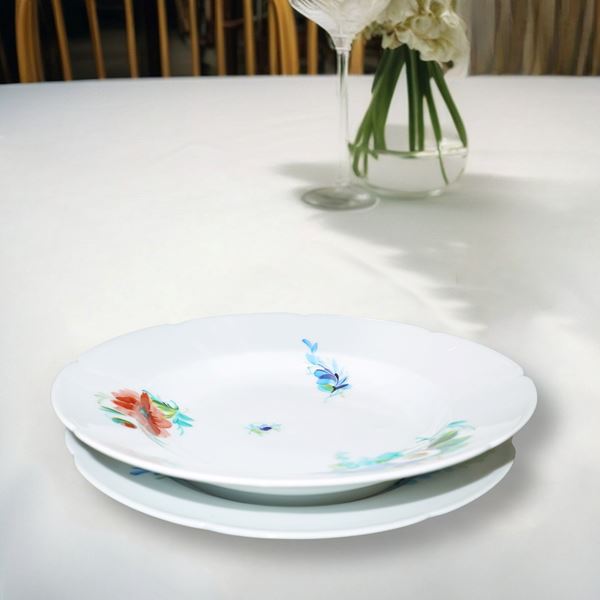Beautiful porcelain dinnerware set for 12 with floral decorated serving plates