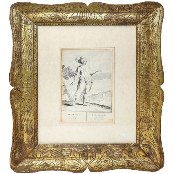 Byssaiese print. Indian from the island of Samar in an antique gilded wooden tray frame with leaves