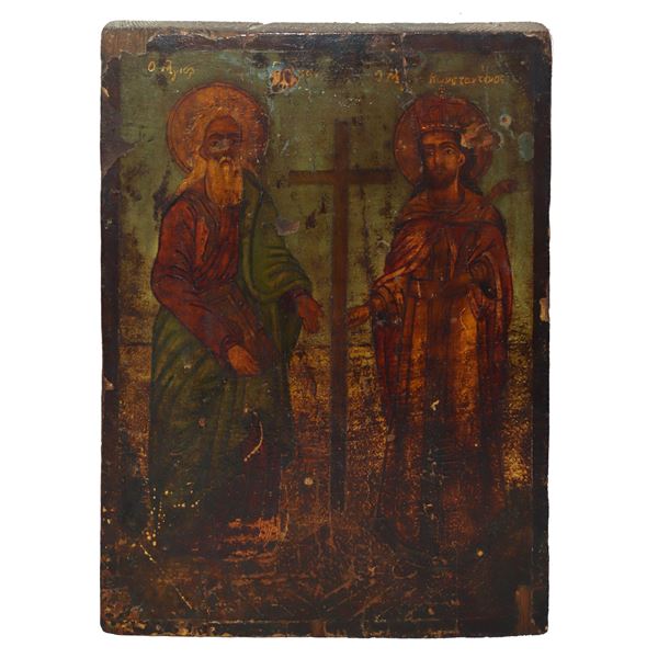 Byzantine icon with Cyril and Constantine in fir wood painted in tempera and oil