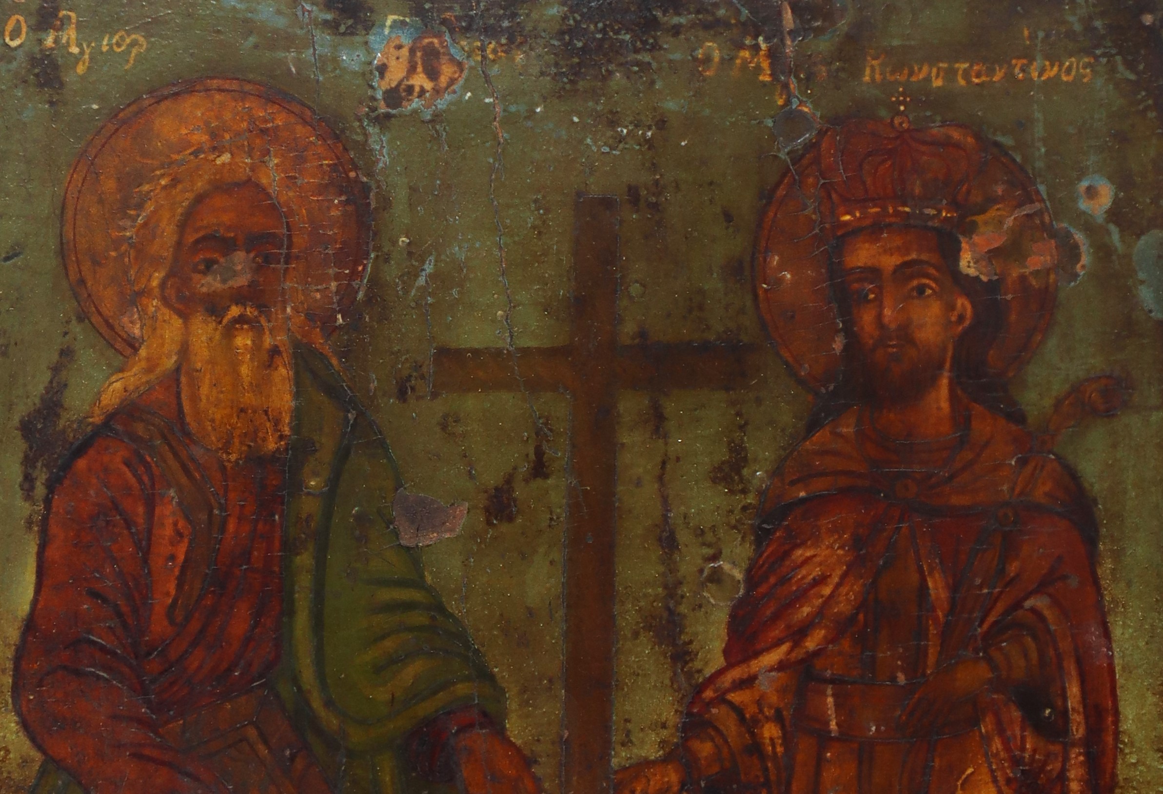 Icona Bizantina con Cirillo e Costantino in Legno di Abete Dipinta a Tempera e Olio