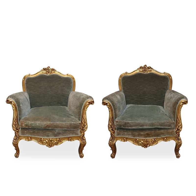 Coppia di poltrone, stile Luigi Filippo, doratura a foglie, inizi XX secolo
