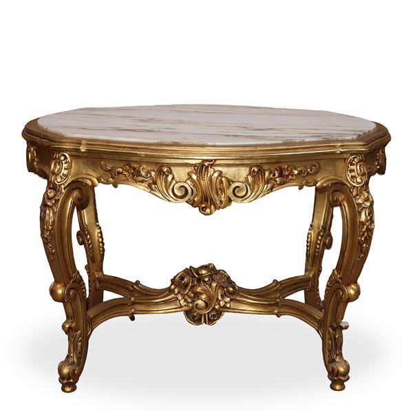 Low table with white marble on the top and leaf gilding in the Louis Philippe style 