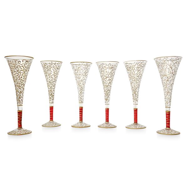 N. 6 Murano glass flutes with red and gold decorations