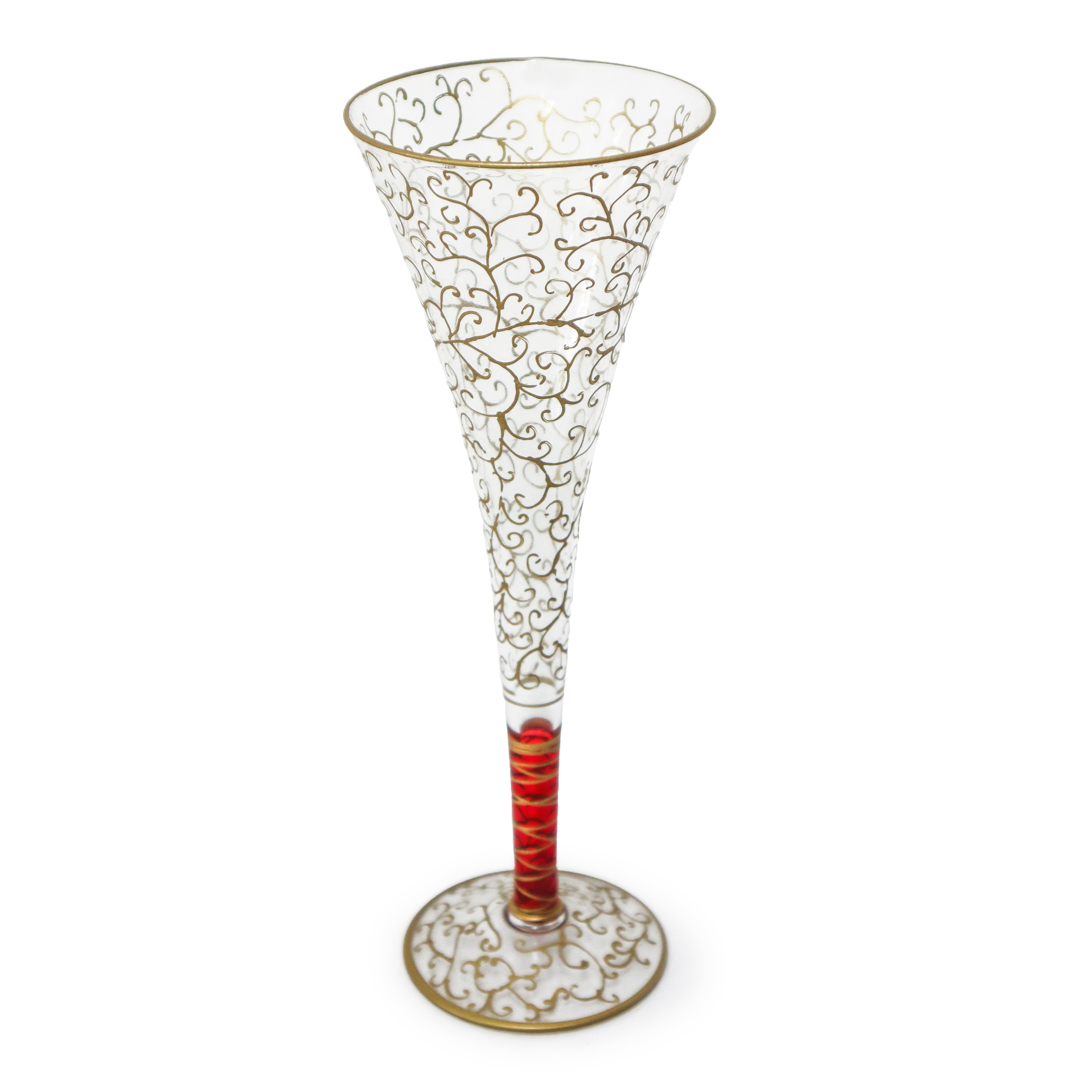 N. 6 Flûte in Vetro di Murano con Decori in Rosso e Dorato