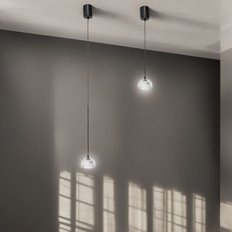 Archimede Seguso - Coppia di Lampade a Sospensione Diffusore in Vetro Pesante Trasparente e Bianc...