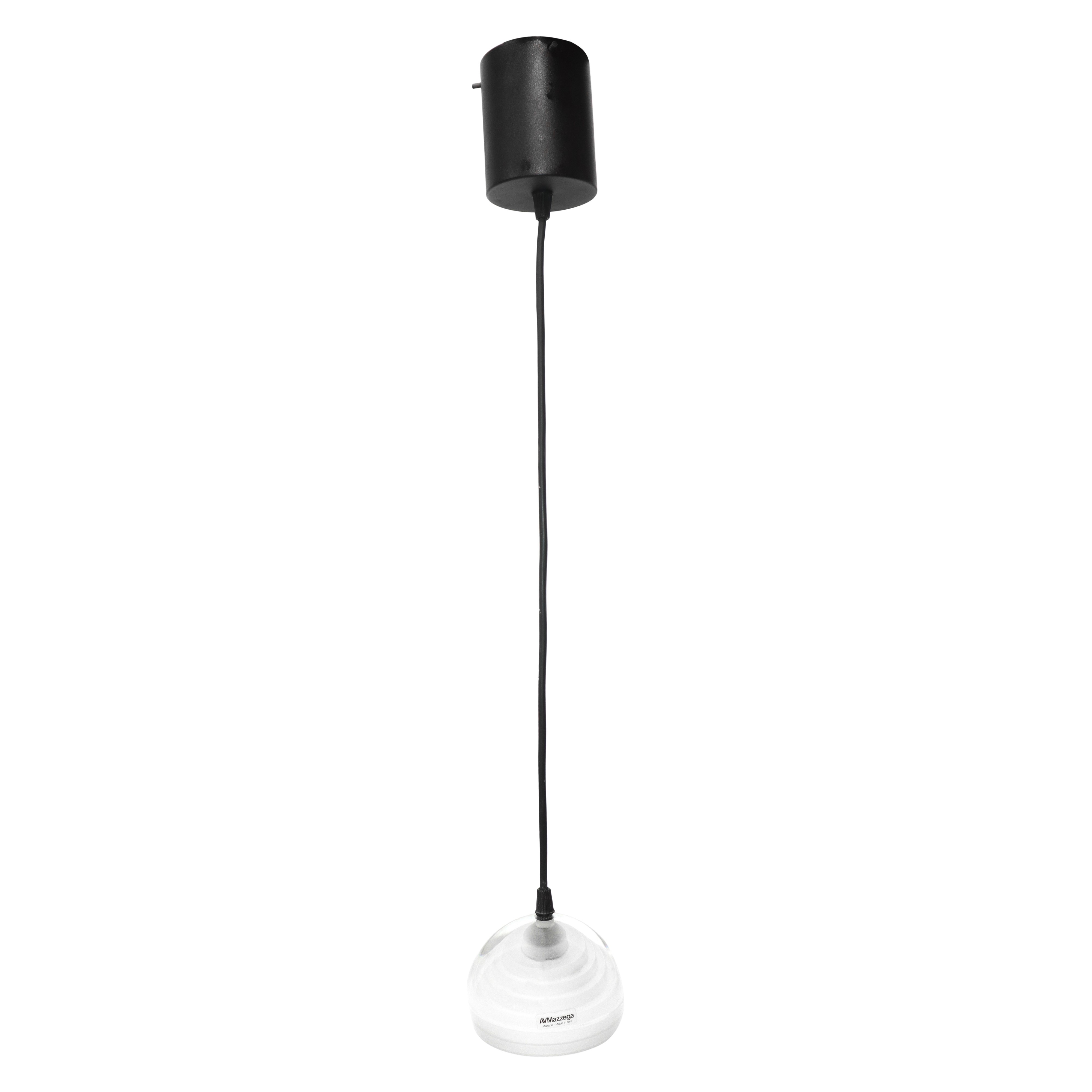 Archimede Seguso - Coppia di Lampade a Sospensione Diffusore in Vetro Pesante Trasparente e Bianc...
