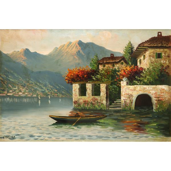 Valter Paggiola - Mountain landscape with house and boats