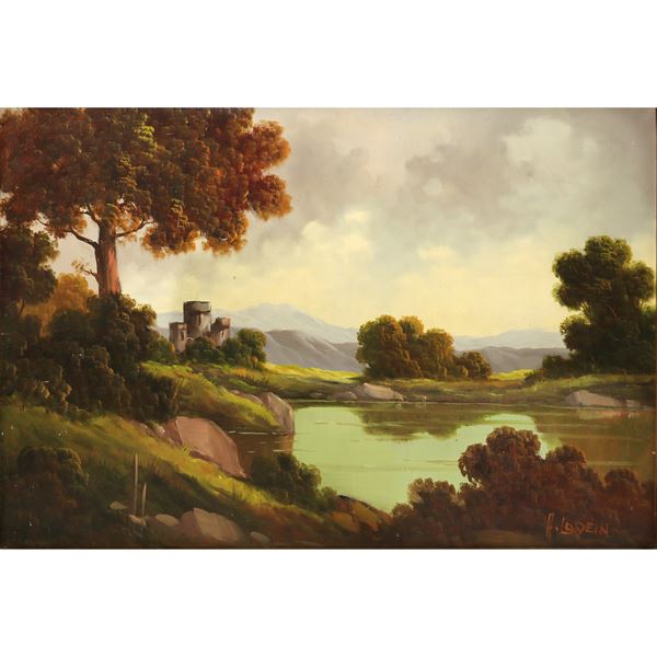 Lake landscape with trees and perched castle