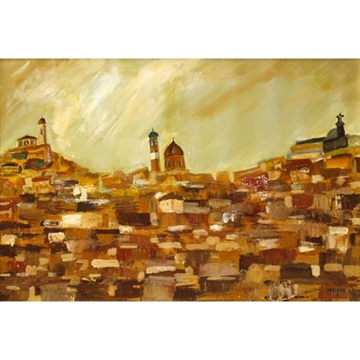 Case con chiese, olio su tela