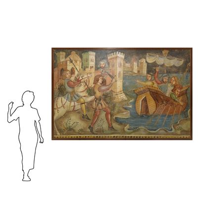 Strappo di Affresco Scena di Battaglia tra Nave e Assediati