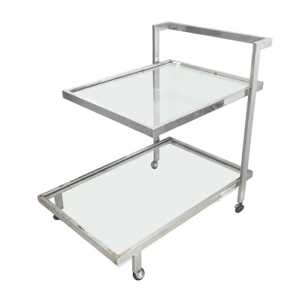 Two-storey trolley with silver metal structure and glass shelves