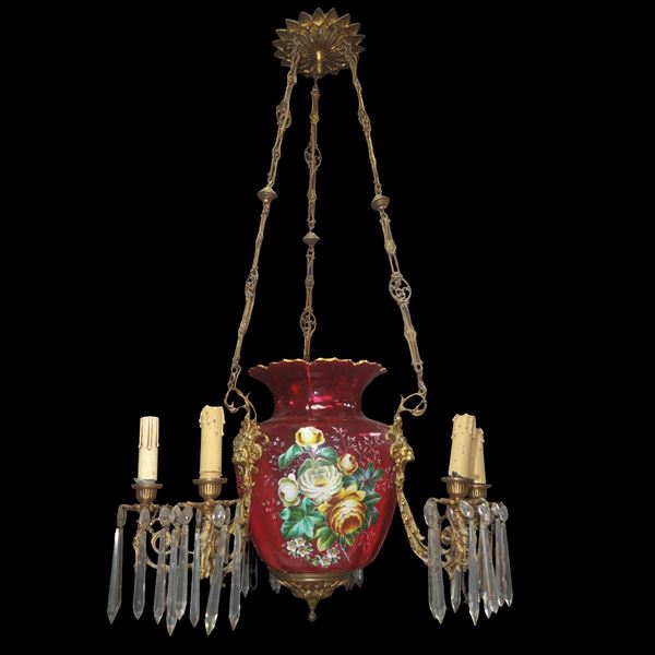 Pink and hand-painted Murano glass suspension with six lights