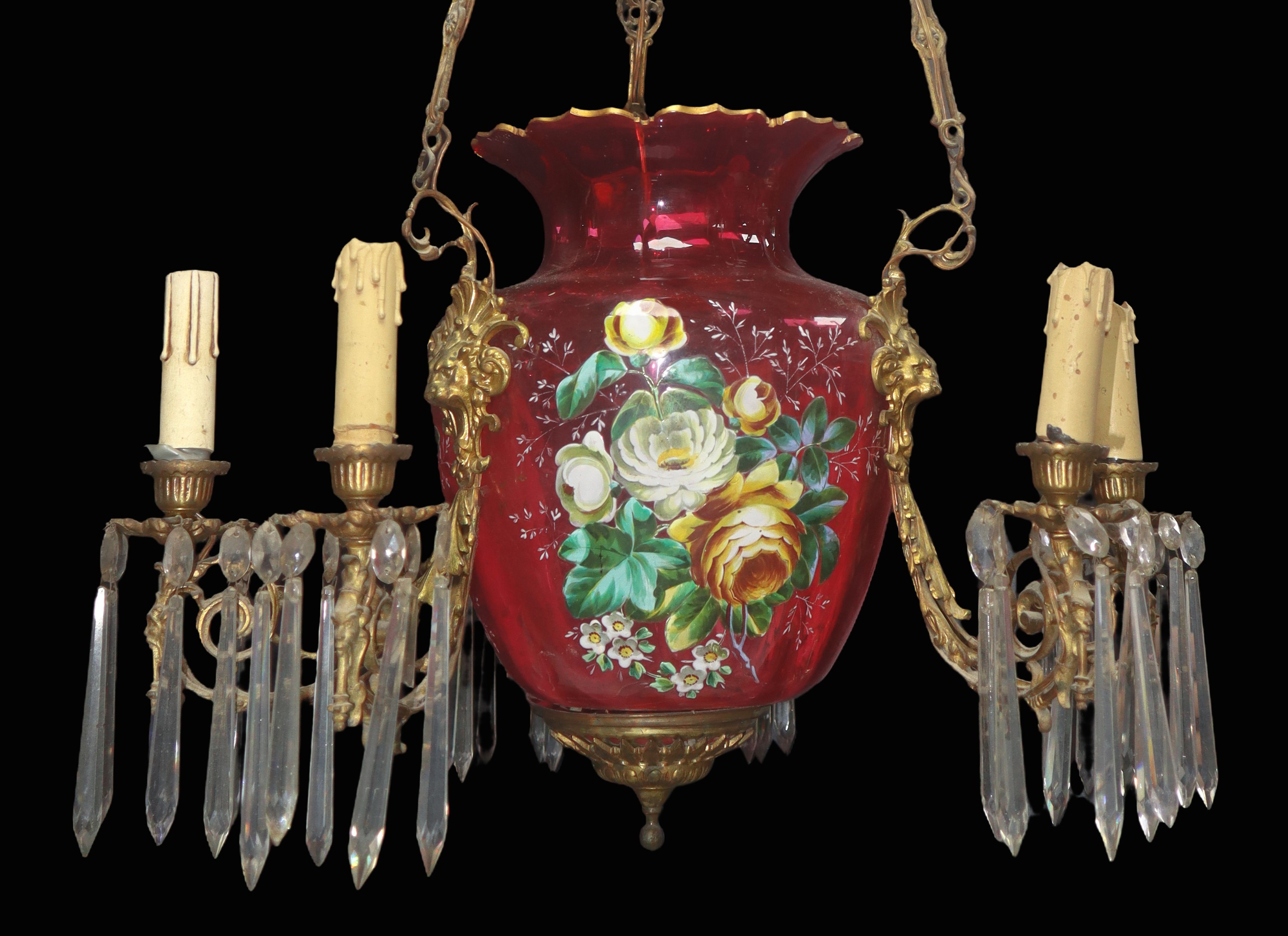 Sospensione in vetro di Murano rosa e dipinto a mano a sei luci