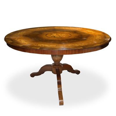 Tavolo rotondo in legno intarsiato, Inizi XX secolo
