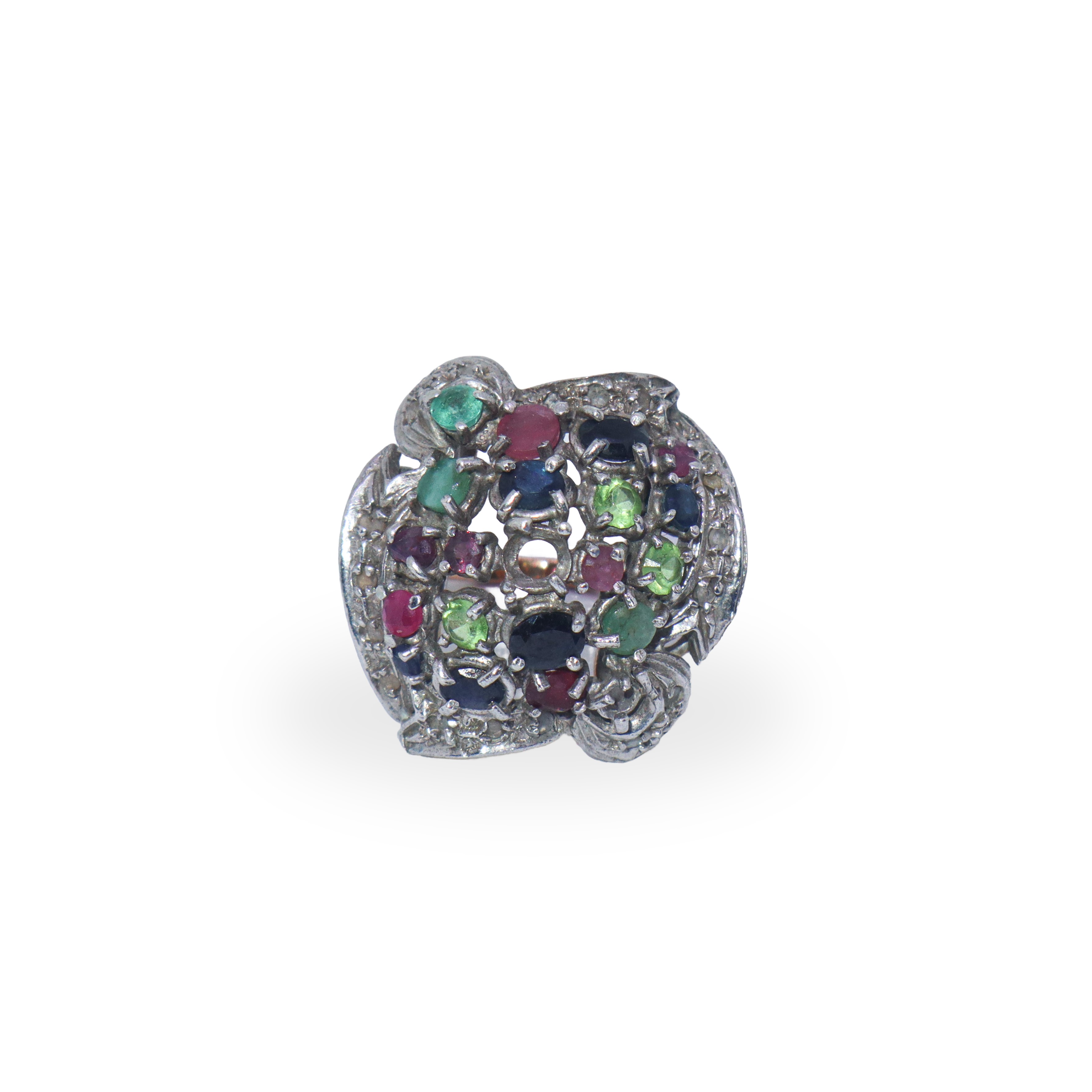 Anello in oro basso titolo e argento con pietre colorate