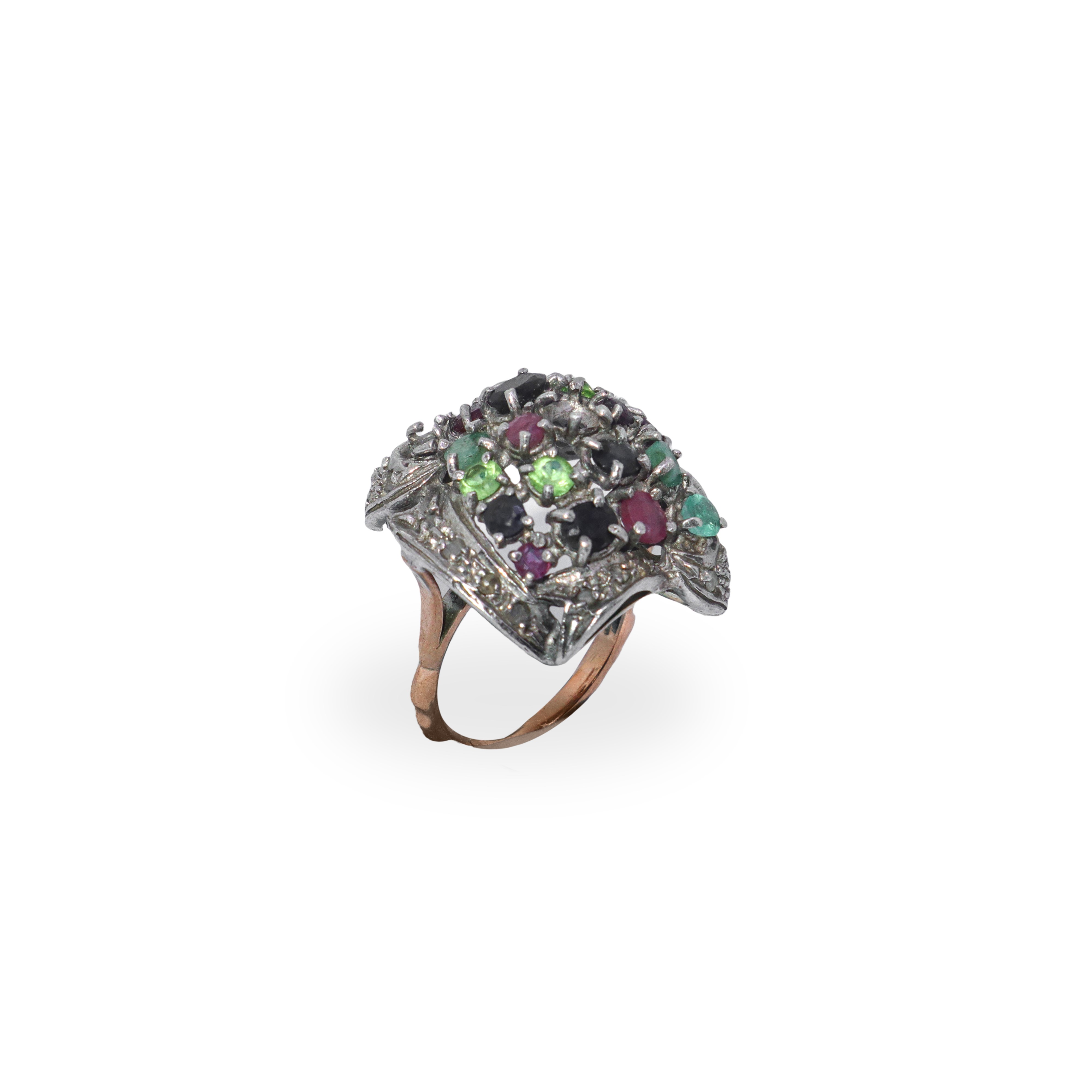 Anello in oro basso titolo e argento con pietre colorate