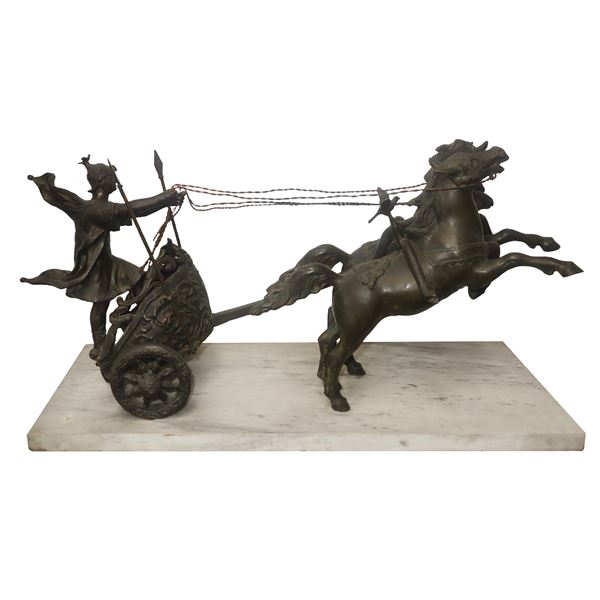 Two-horse chariot with Roman charioteer; bronze sculpture