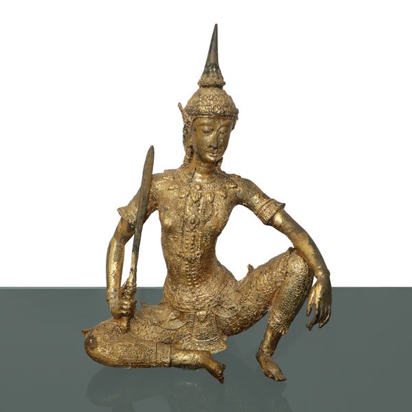 Thai Warrior Guardian in gilded bronze