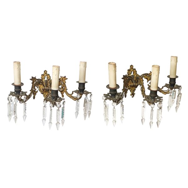Pair of three-light wall lamps with sparklers
