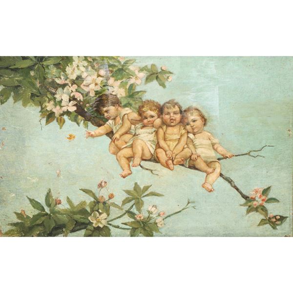 Four putti on a flowering branch