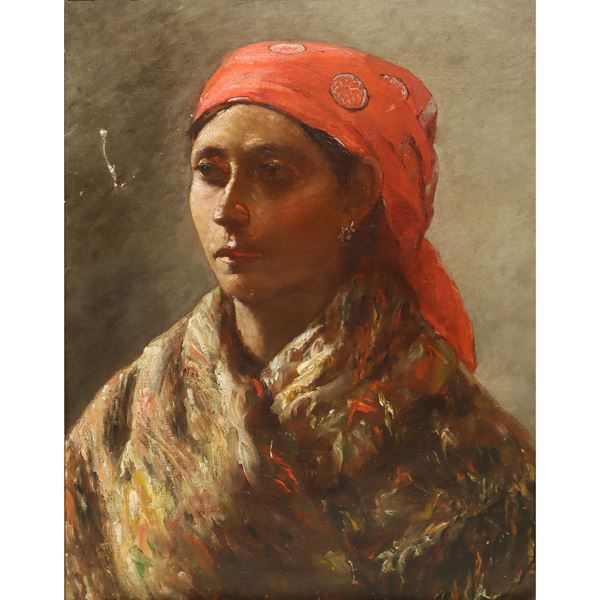 Woman with red scarf on her head