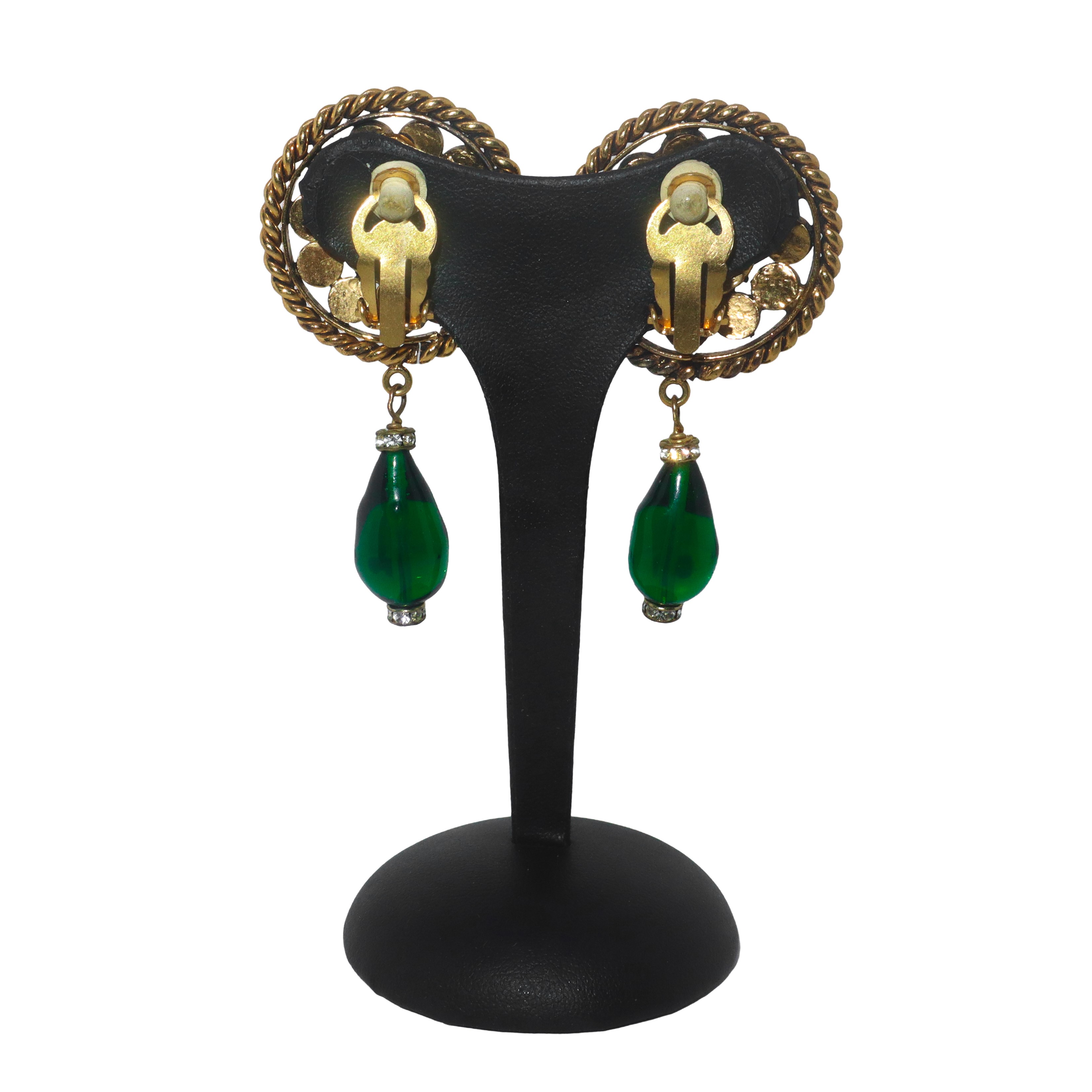 Orecchini Chanel pendenti a clip decorati con strass e pietra centrale cabochon in pasta di vetro