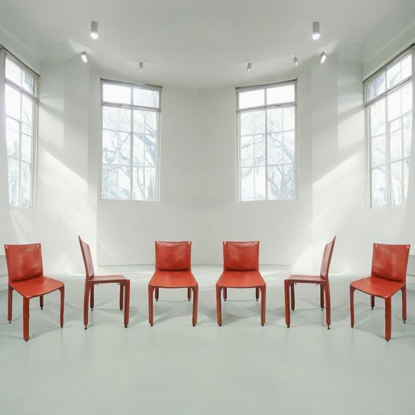 Six Cab model chairs in cognac red leather