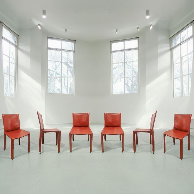 Mario Bellini per Cassina - Sei Sedie Modello Cab in Cuoio Rosso Cognac