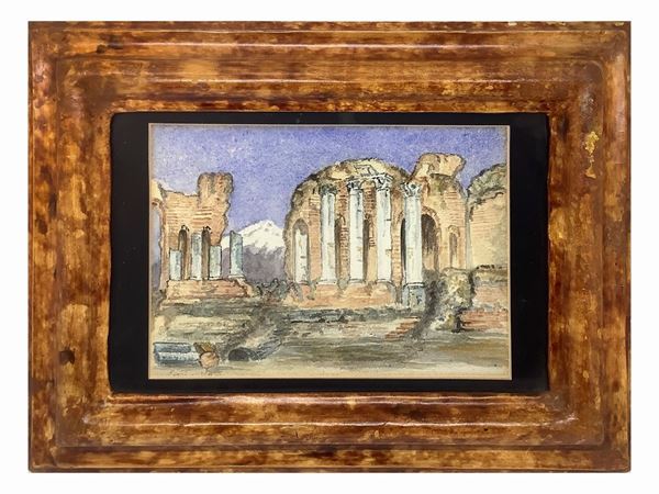 Painter of the twentieth century. Taormina greek theater with views of Mount Etna. Cm 13x18, gouache