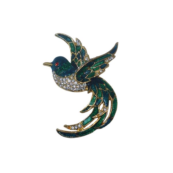 Brooch depicting a hummingbird in golden metal, polychrome enamel and rhinestones