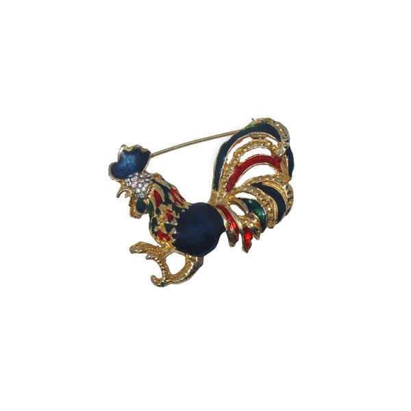 Brooch of a rooster in golden metal, polychrome enamel and rhinestones