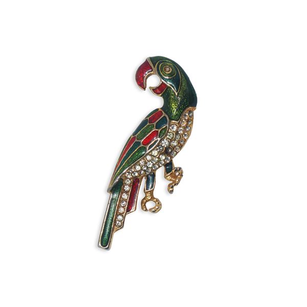 Parrot brooch in golden metal, polychrome enamel and rhinestones