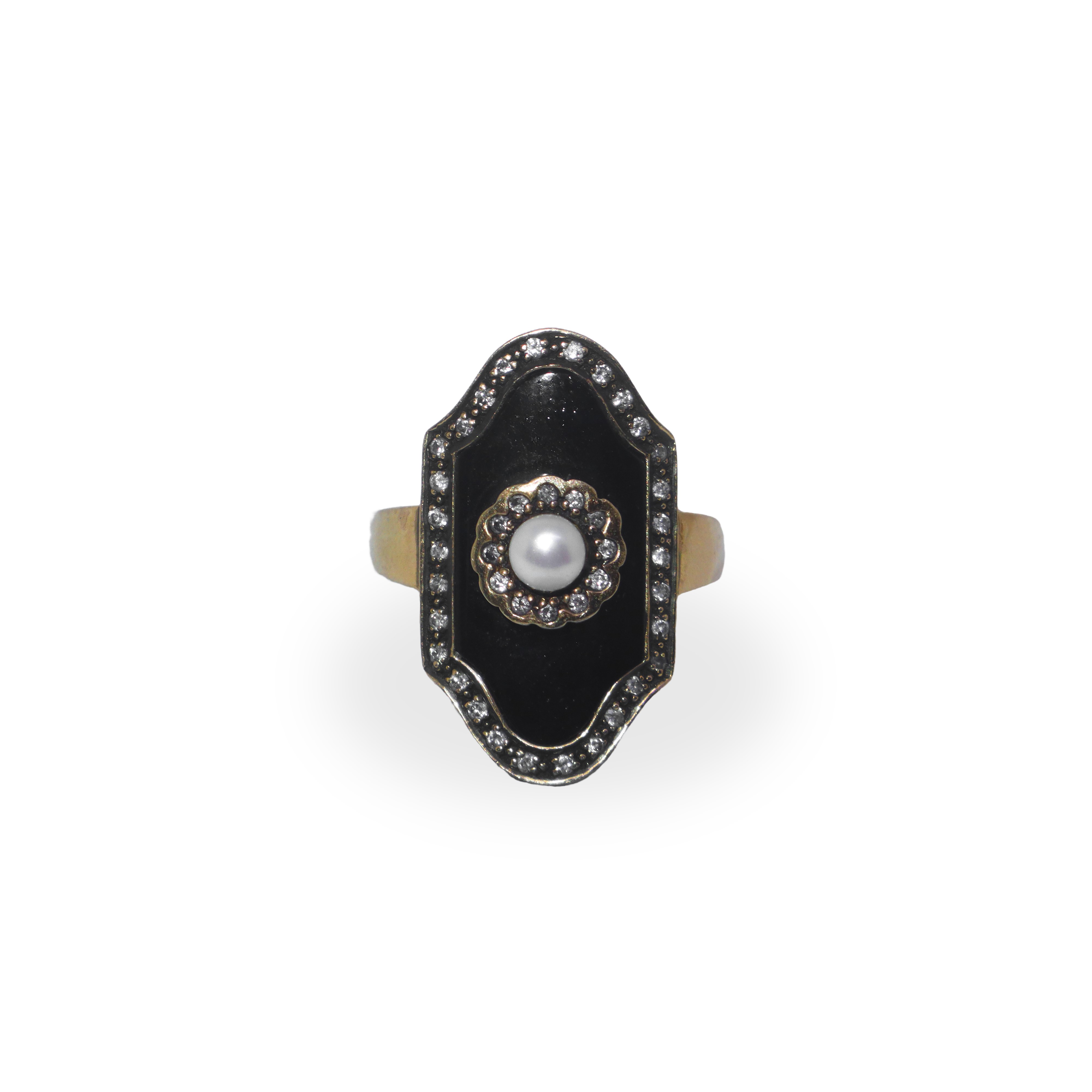Anello in Oro 14 Kt con Onice, Perla Centrale e Scaglie di Brillanti al Contorno
