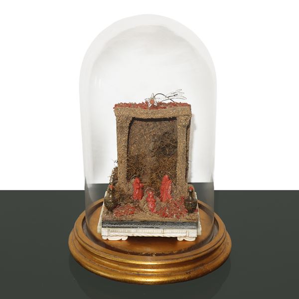 Presepe in corallo rosso Torre del Greco in teca di vetro