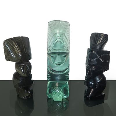 Tre Figure Azteche in Ossidiana di Vetro