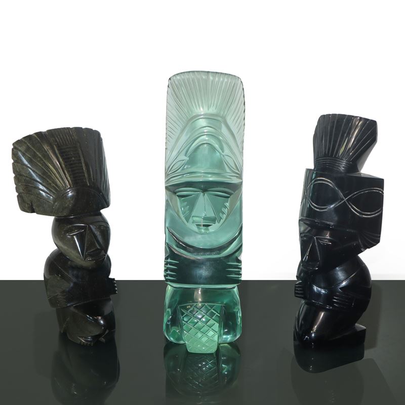 Tre Figure Azteche in Ossidiana di Vetro