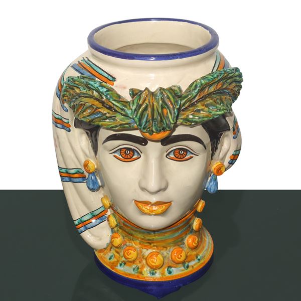 Woman&#39;s head vase in Caltagirone majolica