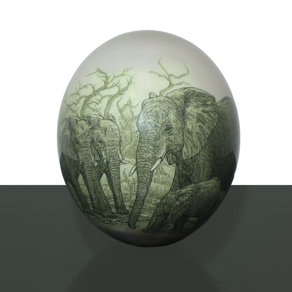 Ostrich egg decorated with elephants