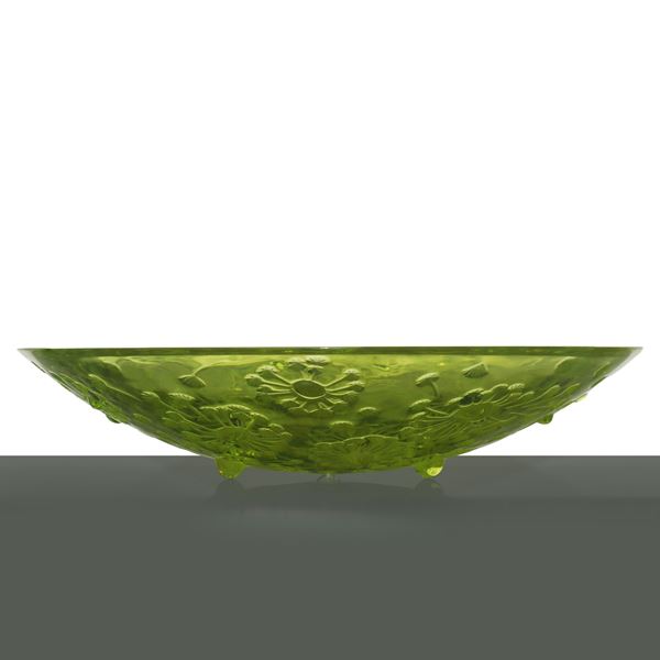 Lalique France - Green glass centerpiece with floral decorations