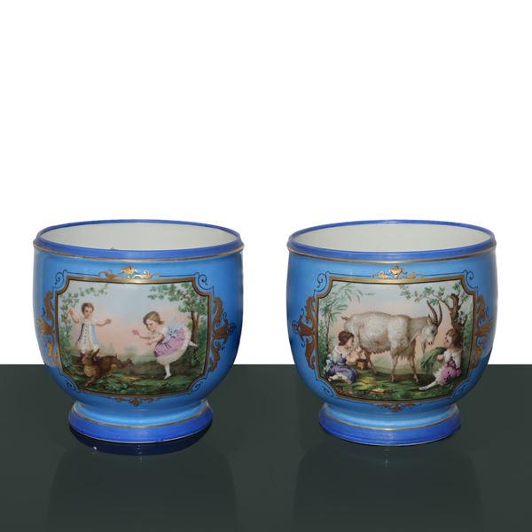 Coppia di vasi blu in stile Sevres