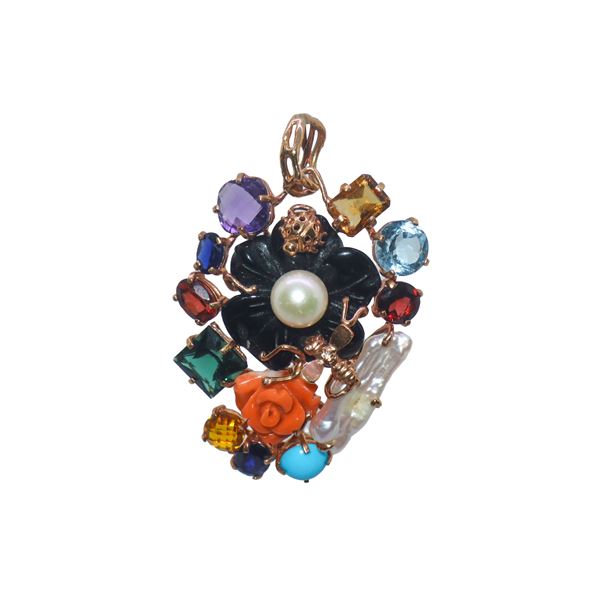 750 gold pendant with stones, onyx, pearl and pink coral flower and stylized bee and ladybug