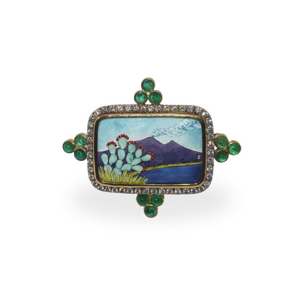 Brooch/Pendentif in 750 yellow gold surrounded by brilliant cut diamonds and stones with a representation of Etna in enamel 