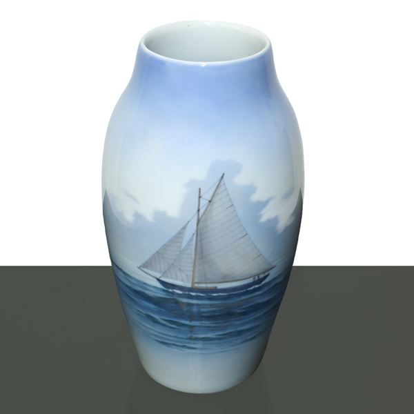 Royal Copenhagen Denmark - Large oblong marine Copenhagen vase with sail