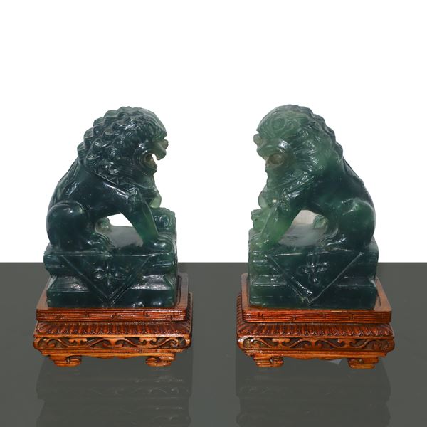 Pair of Pho dogs in green jade